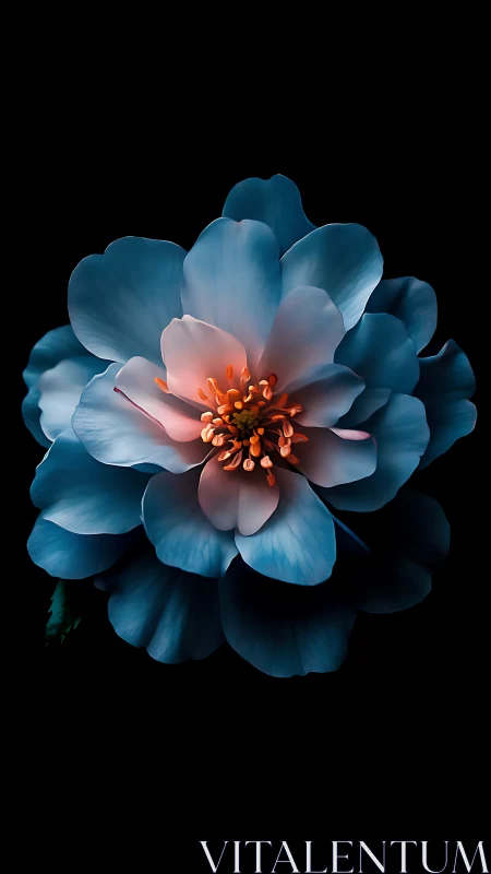 Teal Peony with Golden Center Against Black Background