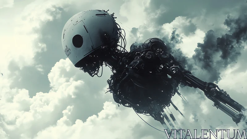 Autonomous skeletal robot drifting within overcast skyfield.