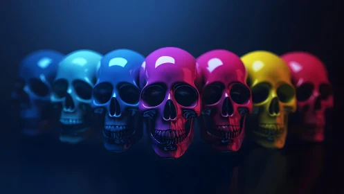 Vibrant Neon Skulls in a Row, Modern Digital Art Concept.