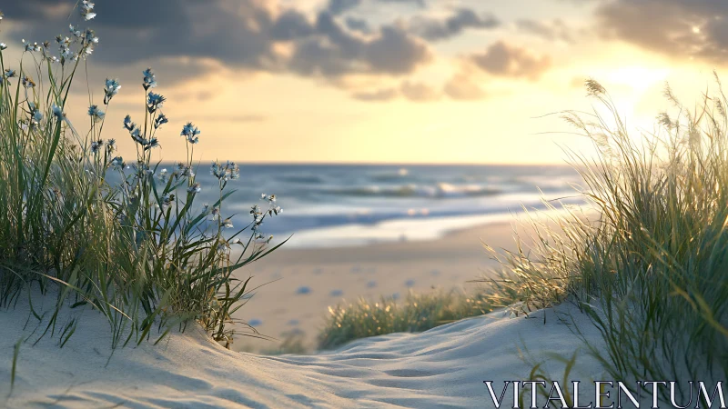 Coastal sand dunes with grass and ocean horizon at sunset.