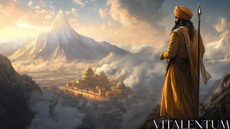 Guardian of the Golden Mountain City at Sunrise.