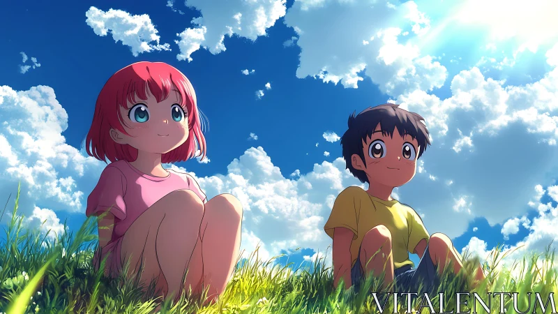 Two anime children seated in grass under midday sky.