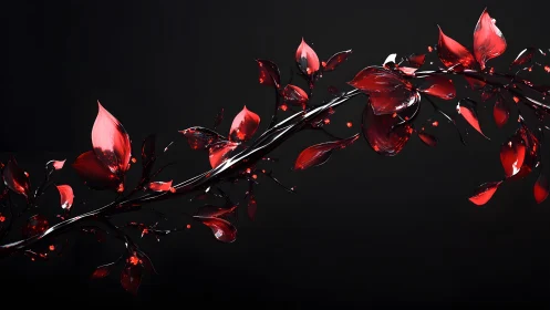 Glossy red and black abstract branch with leaves, digital art style.