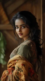 Graceful woman in floral sari glowing in soft warm light.