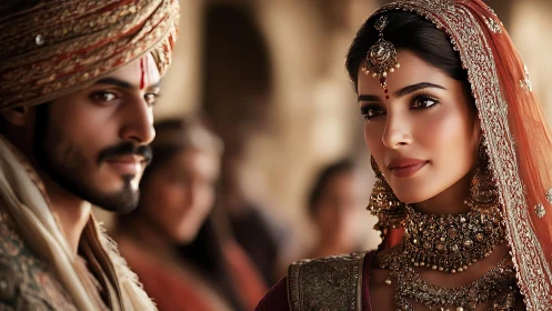 Regal Indian couple in ornate traditional wedding attire.