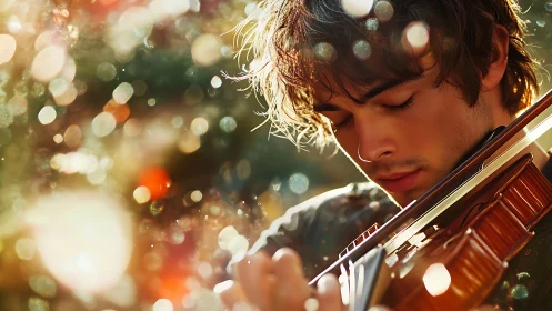 Violinist in golden bokeh light with intimate close-up focus.