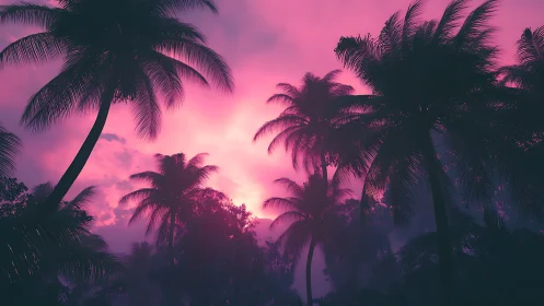 Palm trees silhouetted against vivid magenta sunset sky