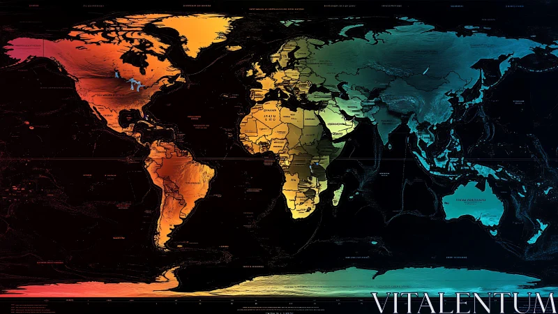 Chromatic world map with layered political and topographic structure.