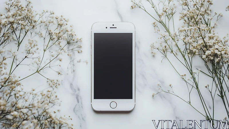 White iPhone with Black Screen Centered on Marble Background.