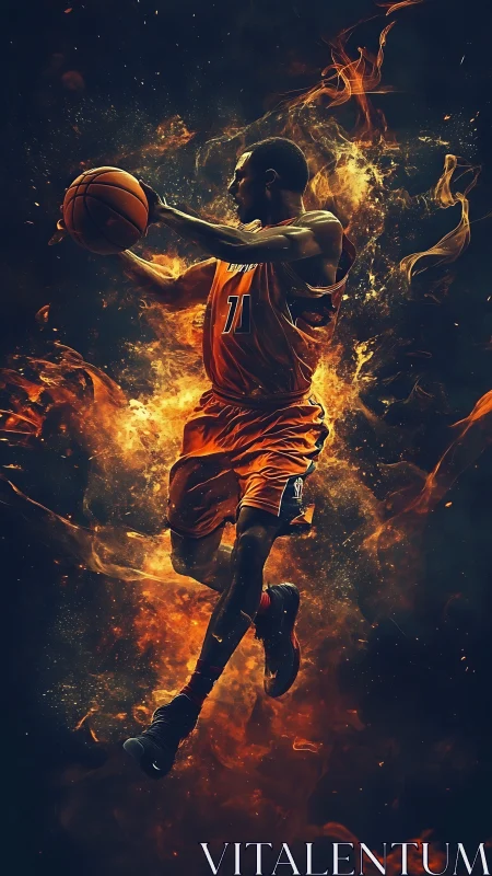 Flame-lit basketball warrior soaring through molten night sky.
