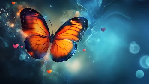 Luminous orange butterfly glows in ethereal blue bokeh field.