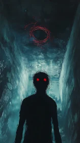 Shadow entity in cyan corridor under swirling red halo.
