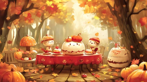 Cozy woodland pumpkin tea party amid glowing autumn leaves.