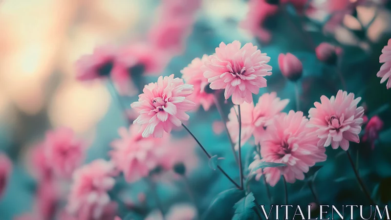 Pink dahlias with shallow depth of field and teal foliage