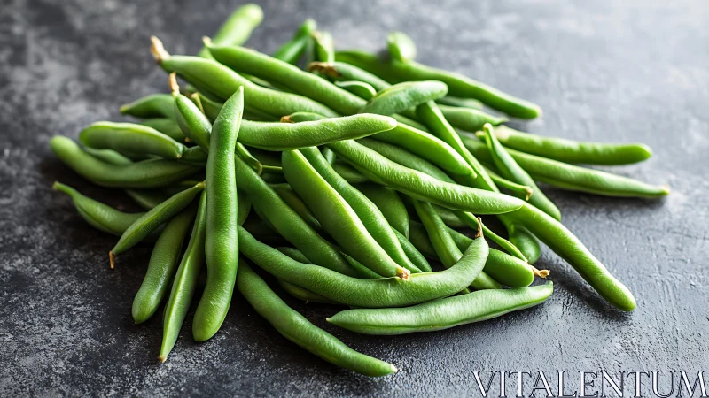 Fresh raw green beans rest on dark textured stone surface