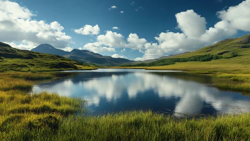Mountain lake mirrors rolling hills under bright summer clouds.