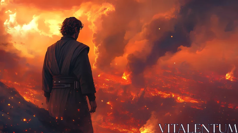 Brooding wanderer above an ember-drowned apocalypse.