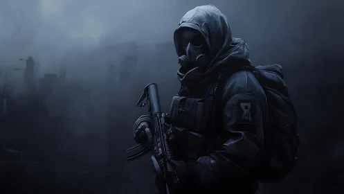 Postapocalyptic soldier scans toxic ruins in cold fog.