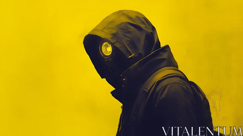 Hooded cyber traveler with illuminated lens mask silhouette