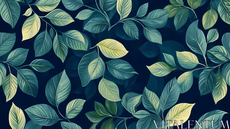Botanical leaf pattern forms layered foliage over midnight blue