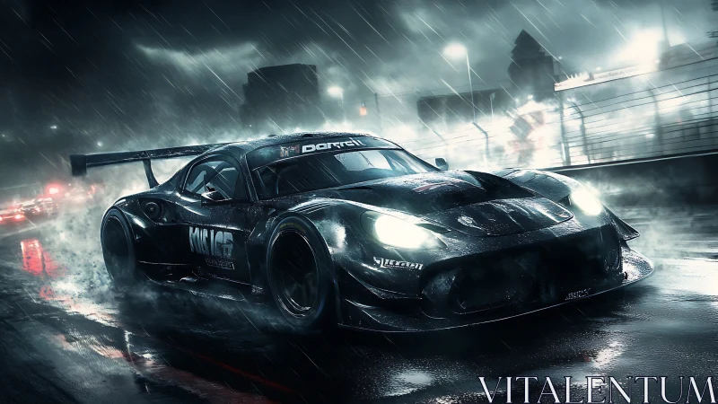 Rain-soaked GT race car powers through neon-lit night circuit