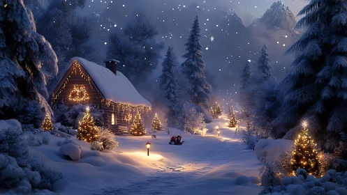 Snowy forest cabin glows with warm Christmas lantern light