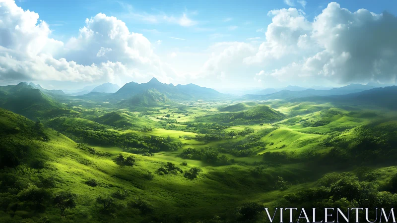 Sunlit green valleys breathe under roaming mountain clouds