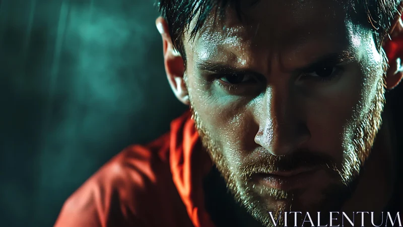 Hyper-focused male athlete under cinematic low-key lighting.