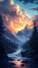 Radiant mountain river glows beneath a dreamy sunset sky