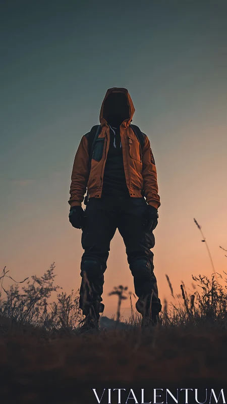 Silhouetted hooded figure in orange jacket under low-angle dusk sky