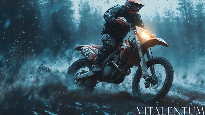 Motocross rider powers through stormy forest mud trail.