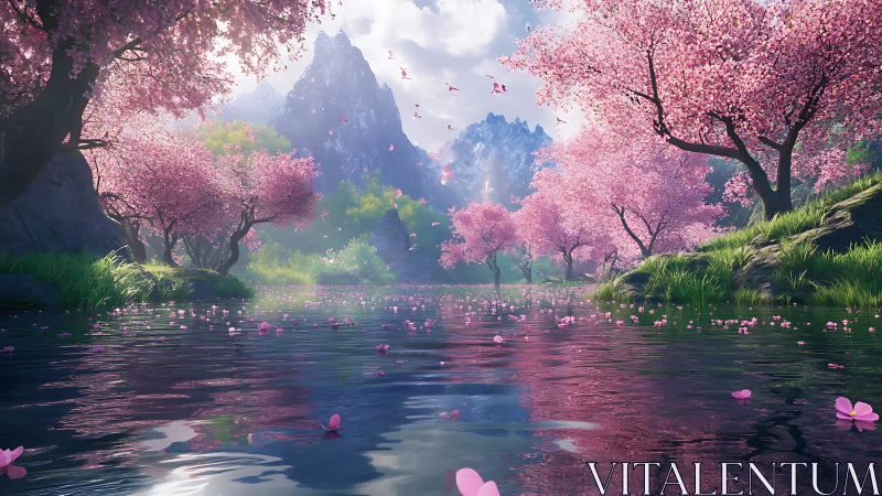 Procedurally lit cherry blossom valley reflects in still river