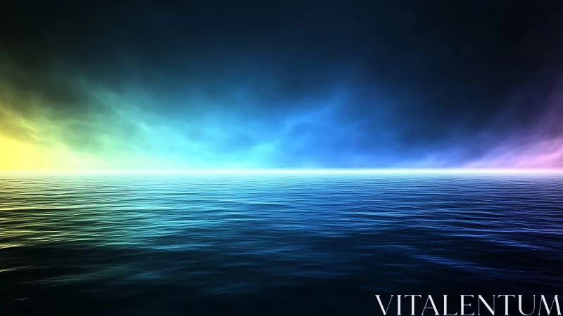 Calm horizon over water with gradient multicolor sky.