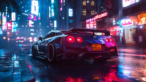 Midnight supercar idles under neon rain in a cyber city
