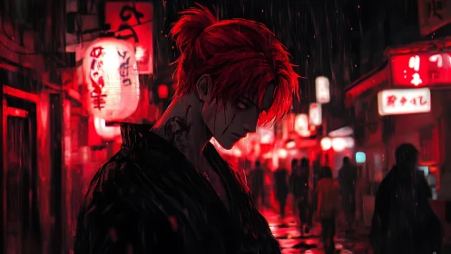Rain-soaked ronin with ember hair under neon ghosts.