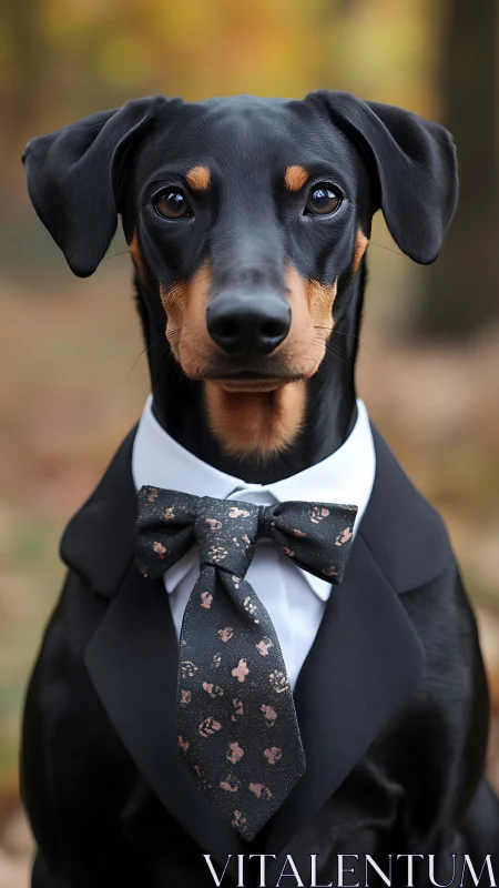 Doberman in formal tuxedo with patterned bow tie portrait