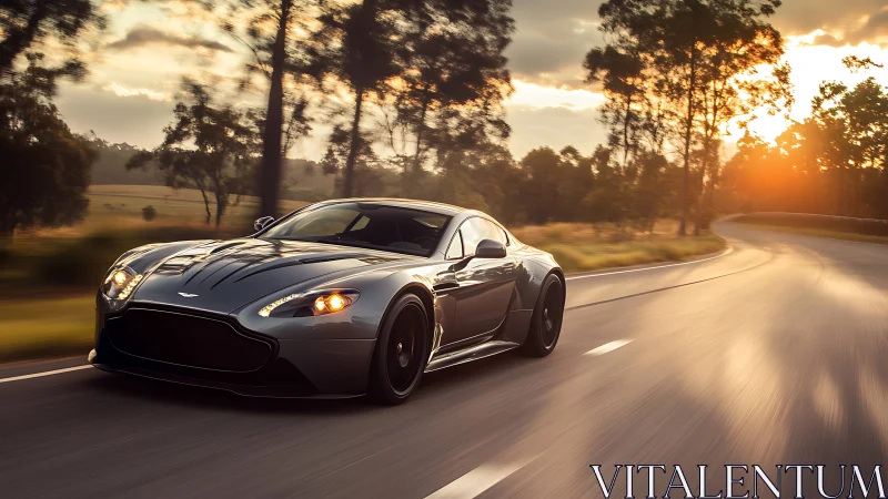 Silver sports coupe powers through sunlit country highway.
