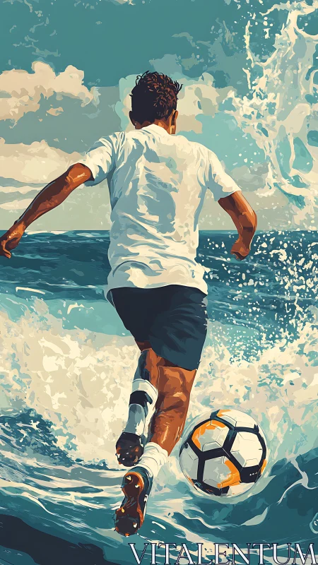 Surf-splashed striker chases a bright ball across rolling sea