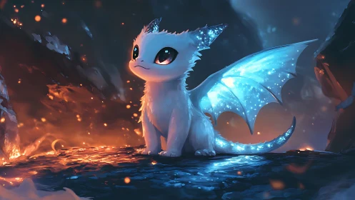 Starlit baby dragon glows over ember-lit volcanic night.
