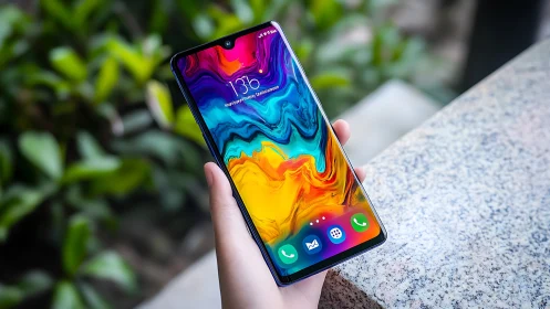 Smartphone with vibrant fluid gradient display in outdoor setting