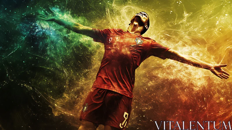 Triumphant soccer player explodes through cosmic light field.