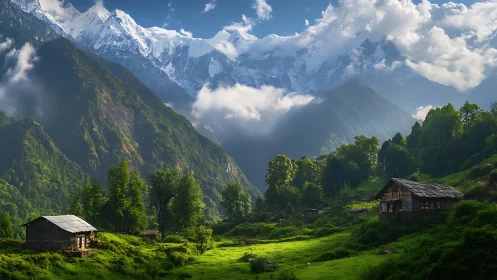 Mountain valley village with wooden cabins and snow peaks.