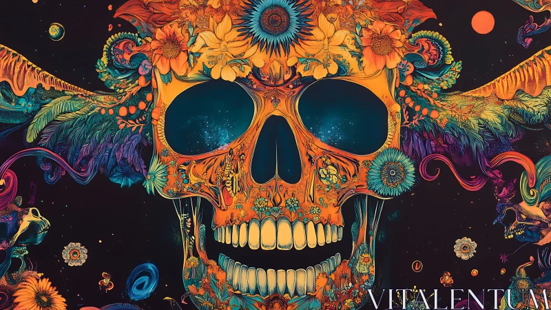 Neon floral skull floats in cosmic darkness with vivid energy