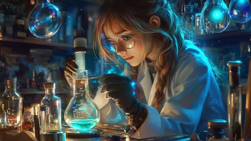 Curious young scientist exploring glowing lab wonders.