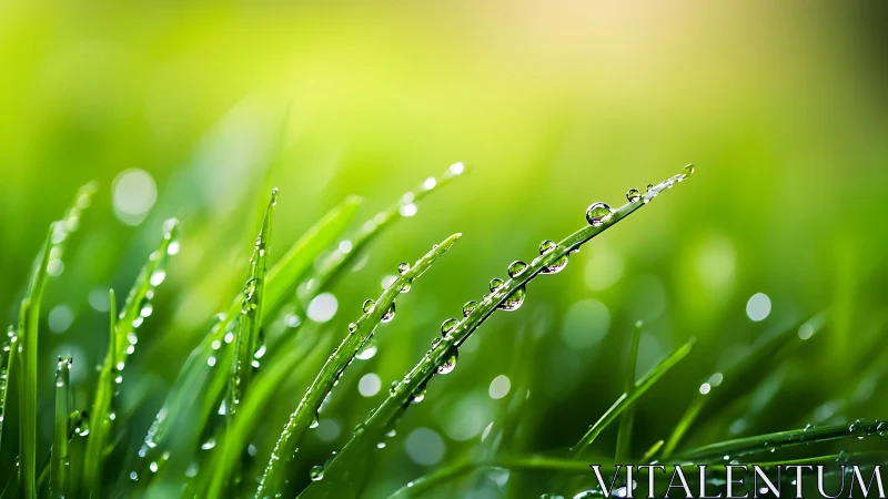 Morning dew beads line fresh green grass blades in macro focus