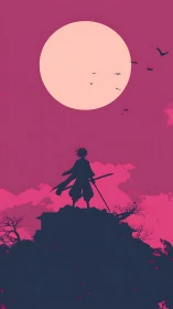 Lone samurai silhouette under large moon on pink sky.