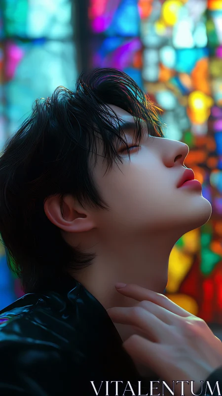 Androgynous profile in stained-glass light renders cinematic calm