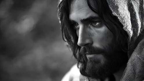 High-contrast monochrome close-up of hooded bearded man in profile
