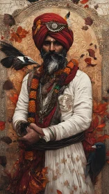 Regal turbaned mystic stands amid swirling autumn leaves