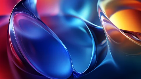 Curved translucent forms in blue, red, and orange light.